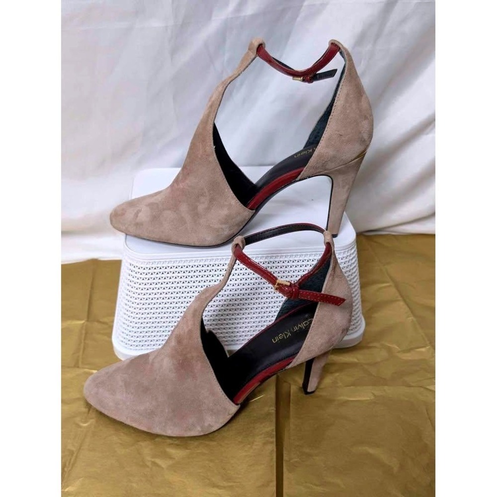 Calvin Klein Cherilyn T-Strap‎ Pumps/Taupe Suede\Red Ankle Strap ~ Size 11
